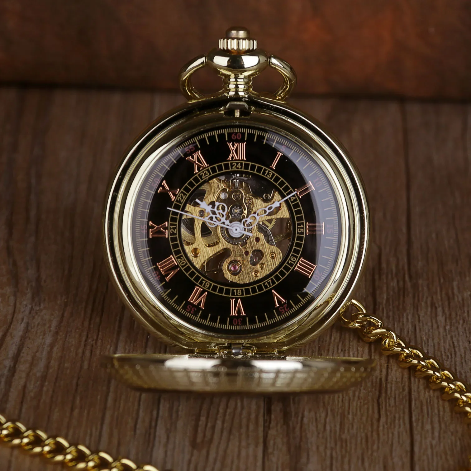 Reloj de bolsillo mecánico antiguo dorado para hombres y mujeres, reloj de mano Steampunk, grabado Vintage, esfera de engranaje de Circel de madera