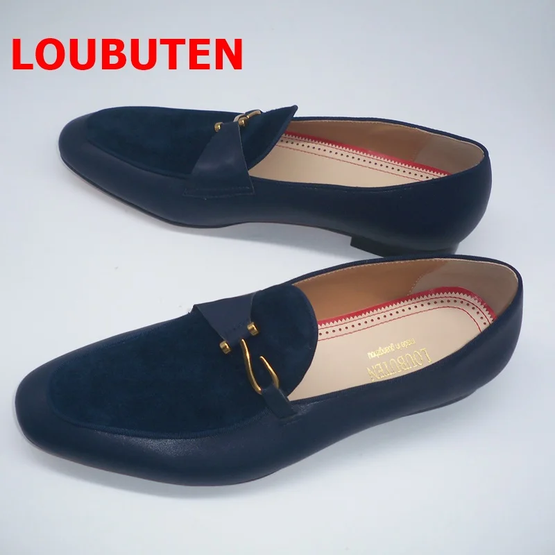 LOUBUTEN New Fashion British Style Dark Blue Suede Loafers Genuine Leather Men Casual Shoes Summer Flats Mens Dress Shoes