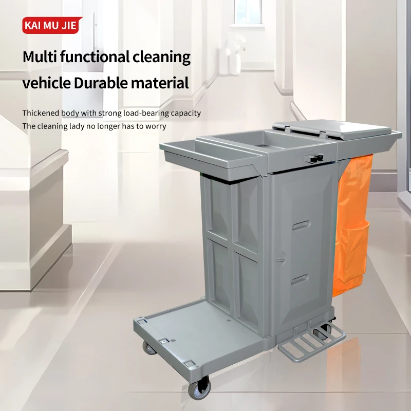 YJ-03 Series Multi-Functional Plastic Hand Pushed Utility Cart Cleaning Cart For Hotel Rooms With Linen Bag And Cleaning Tools