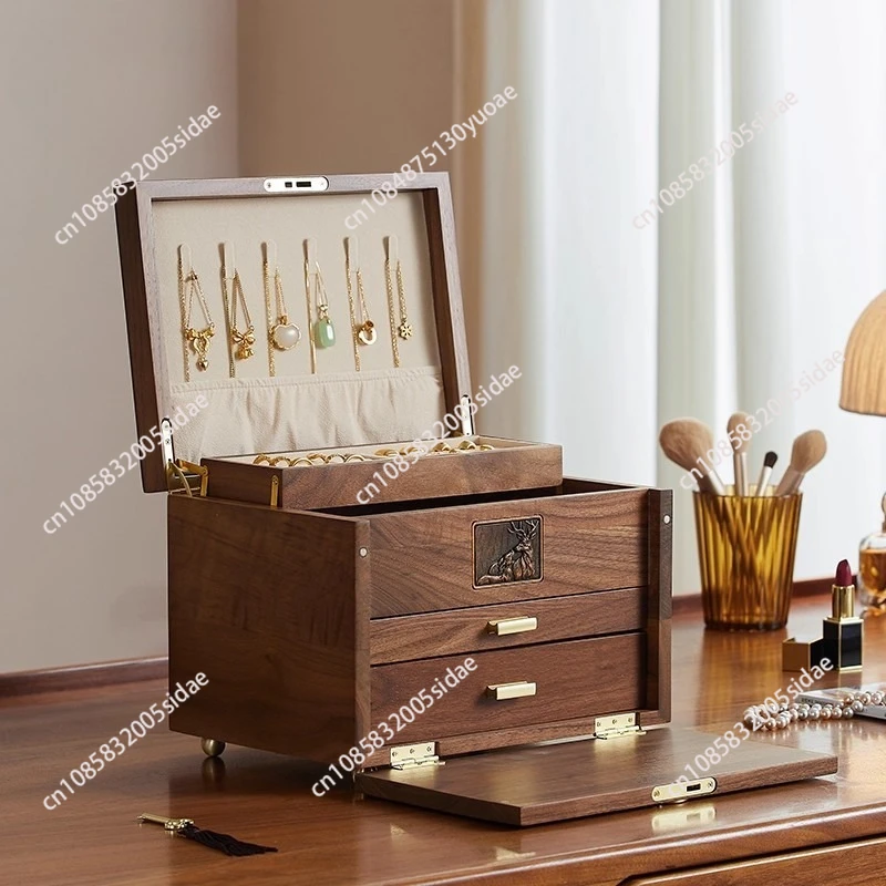 Solid wood jewelry box multi-layer light luxury retro walnut storage box earrings necklace ring watch beaded jewelry box