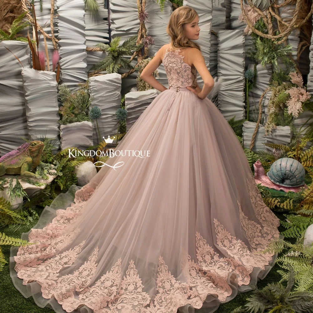 Lorencia-vestido de niña de flores para bodas, apliques de encaje Floral, primera comunión, desfile, YFD60, 2 piezas