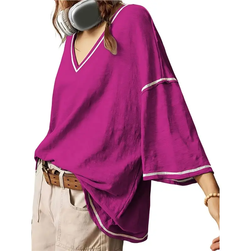 Women's V Neck Contrast Stripe Oversized 3/4 Sleeve Casual Top Purple XXL Eco-Friendly