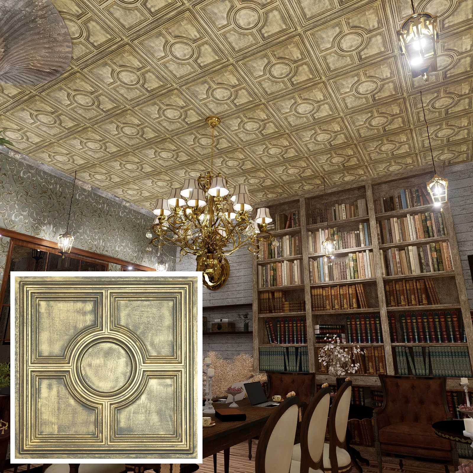 Faux finished dilapidated Architectural ceiling panels PVC ceiling tiles for Barber house 10pcs PL37 Ancient gold PAINTSDECOR