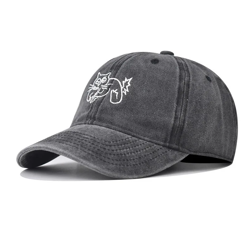 

Washed Vintage Cat Embroidered Baseball Cap Snapback Hat Versatile Trendy Unisex Four Seasons Dad Hat