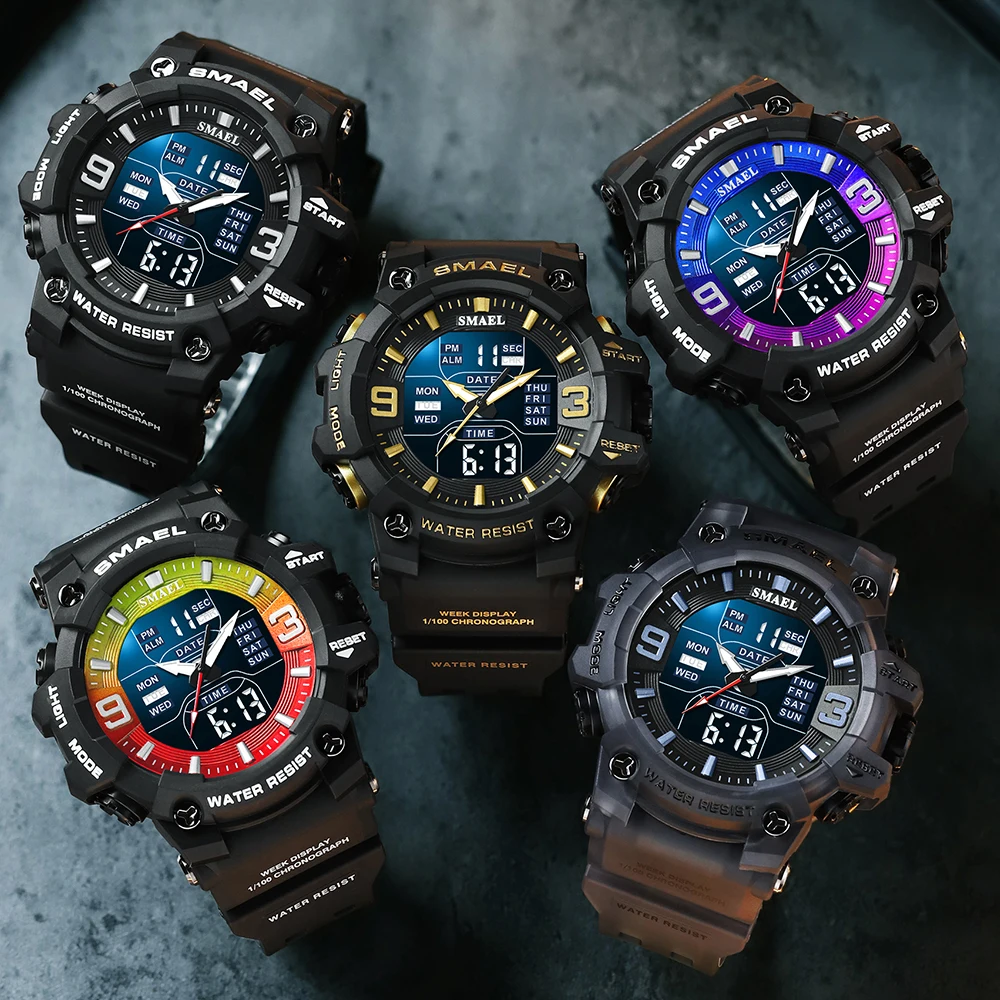 Men Watch Sport Waterproof LED Light Alarm Clock Dual Time Display Week Auto Date Wristwatches 8049 Quartz Watches Sports Time