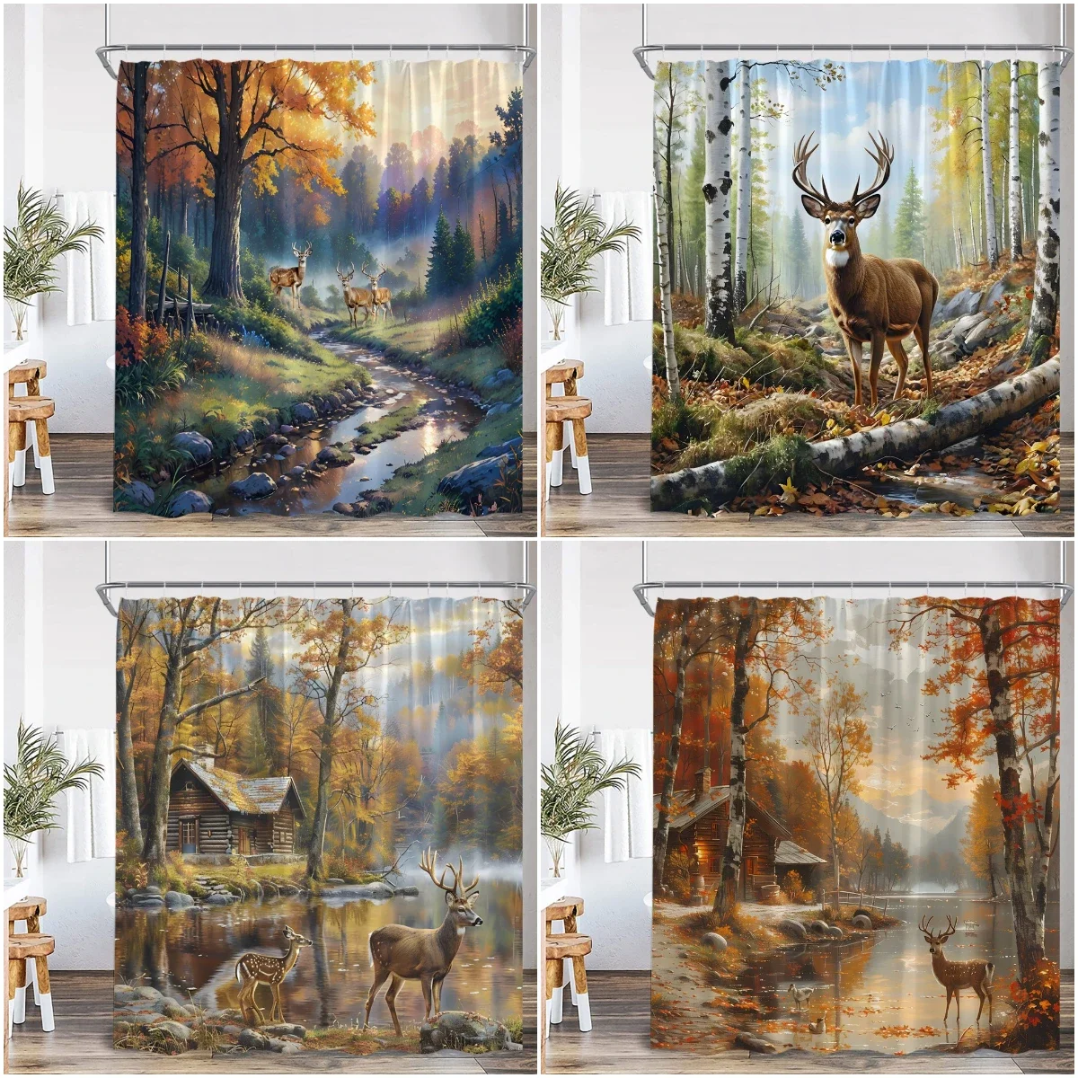 Deer Autumn Scenery Shower Curtain Maple Tree Cabin Stream Mountains Nature Landscape Polyester Bathtub Curtain Bath Decorations