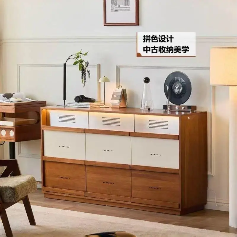 The latest medieval solid wood nine-chest cabinet retro color matching multi-drawer locker living room bedroom side cabinet