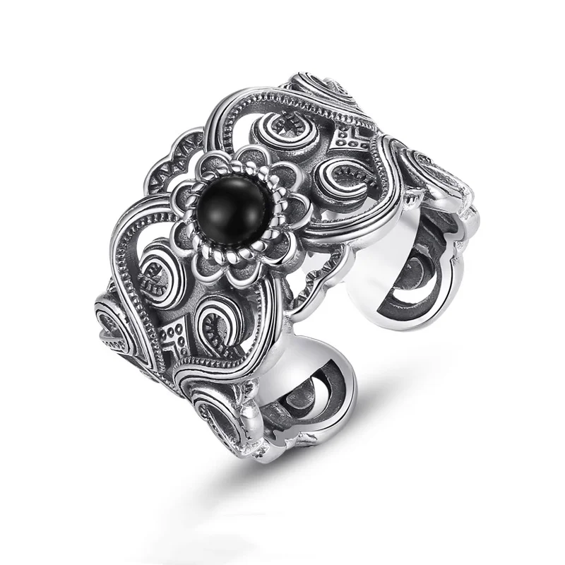 

NEW S925 Pure Silver Retro Thai Silver Inlaid Black Agate Ring Men's Aand Women's Hollow Wide Couple Silver Ring