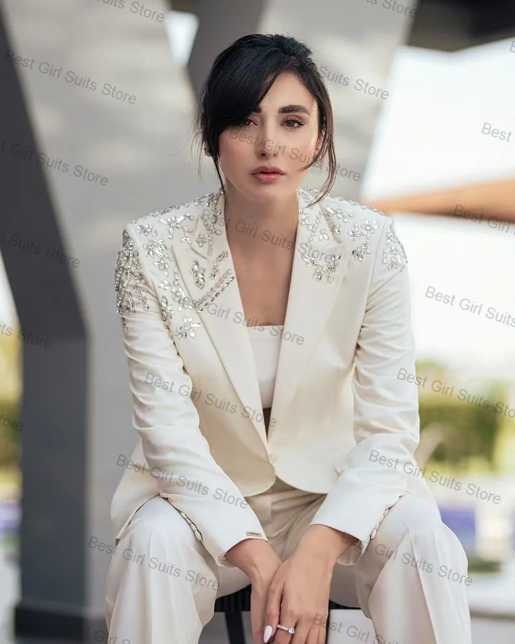

White Crystals Women Suit Set 2 Pcs Blazer+Pants Fall Autumn Formal Office Lady Jacket Customized Wedding Tuxedos Prom Dress