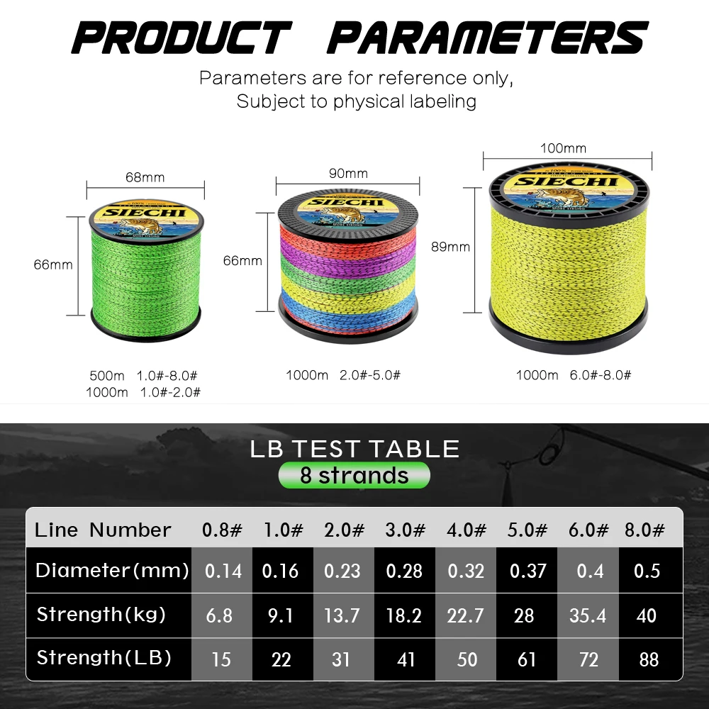 SIECHI New 300M 500M 1000M PE Braided Fishing Line Multifilament Super Strong Fishing Line 22LB-88LB Applicable to Main Line