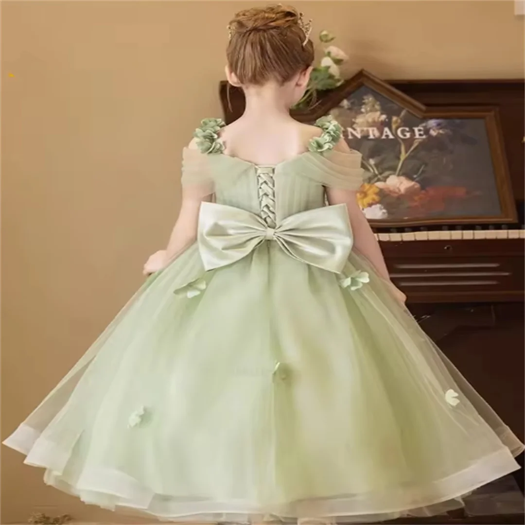 Fancy Green Handmade Flowers Party Dress For Girls Elegant Performance Formal Evening Gowns For Wedding Birthday Party With Bow