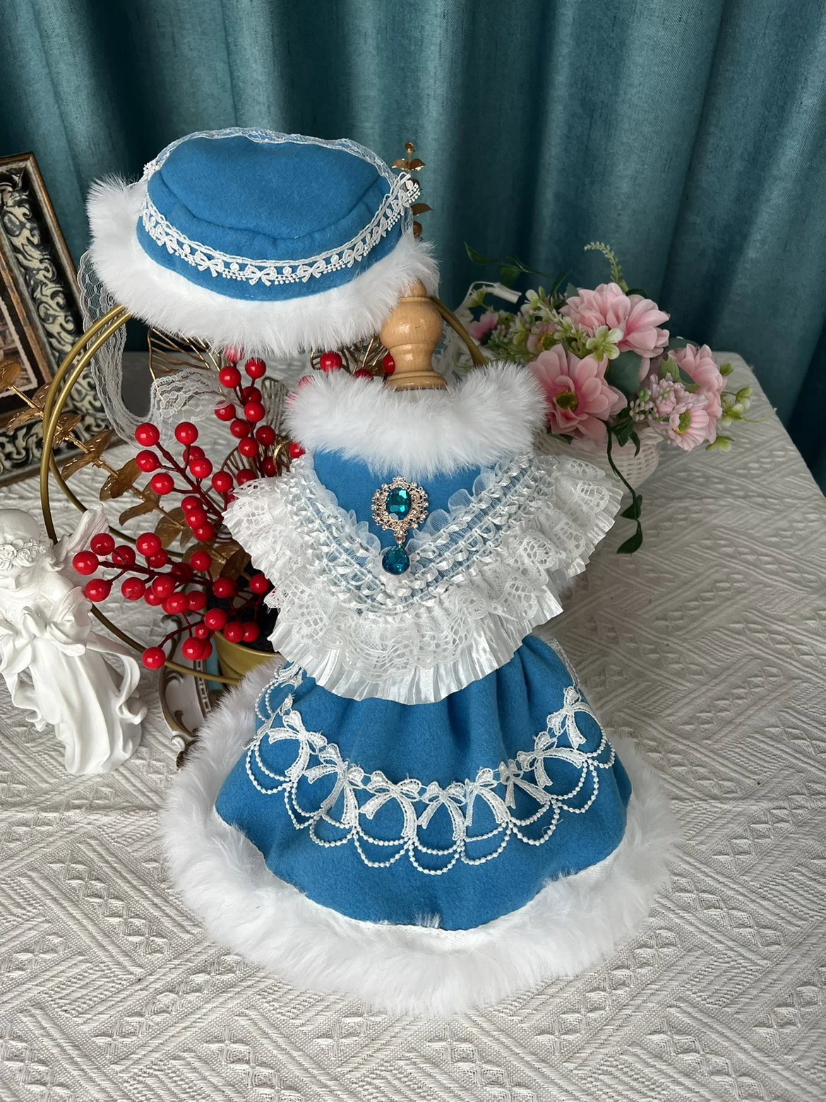 Autumn Winter Woolen Cloth Corduroy Pet Dog Clothes Cute Handmade Bow Blue Lotita Princess Dress For Small Medium Dog Chihuahua