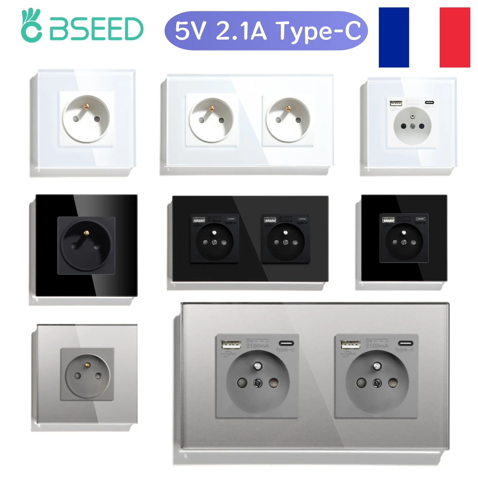 

BSEED France Single Socket Double Wall Power Outlets Sockets Glass Frames French Plugs Power Wall Sockets 16A Type-C Charge