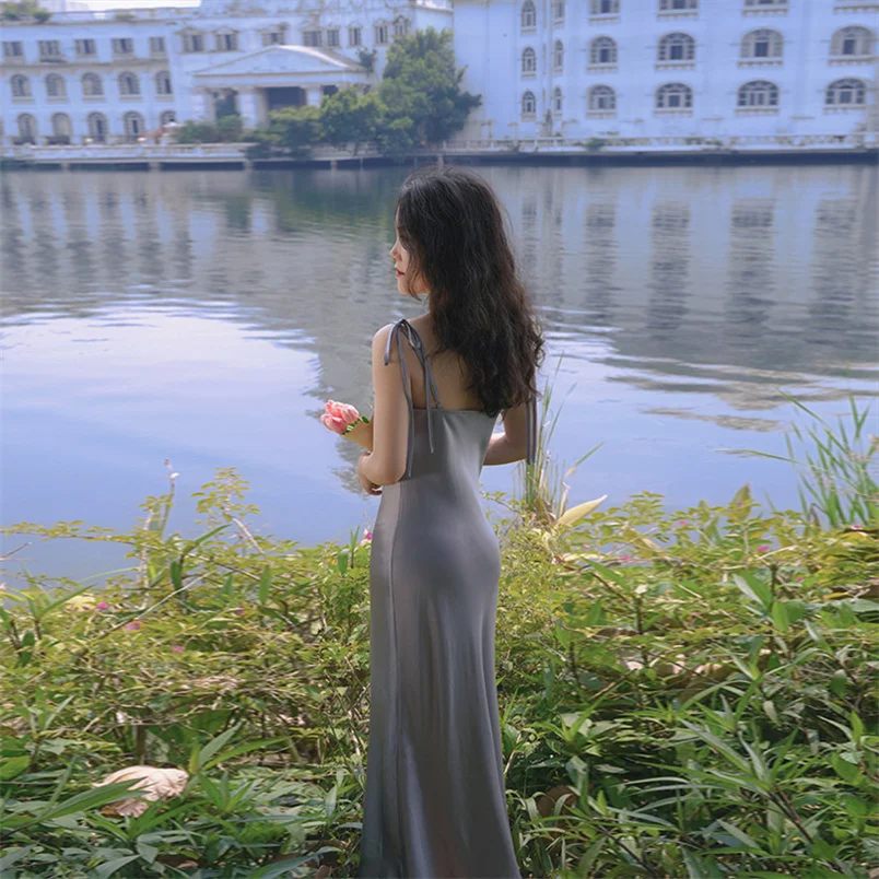 ファッション10色展開 サテン ヴィンテージ風 スリップ ロングドレス 韓国風 エレガント パーティー キャミソールドレス レディース スリム Aライン ワンピース