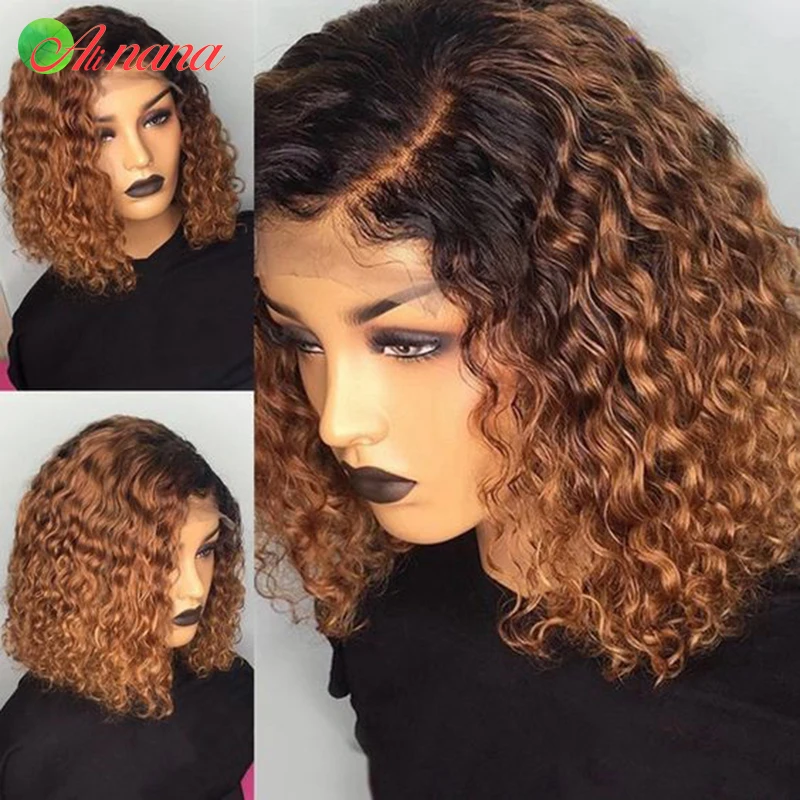 4x1 laço t parte curto bob perucas 1b 30 colorido kinky encaracolado perucas brasileiras pre-arrancadas perucas de cabelo humano transparente para preto