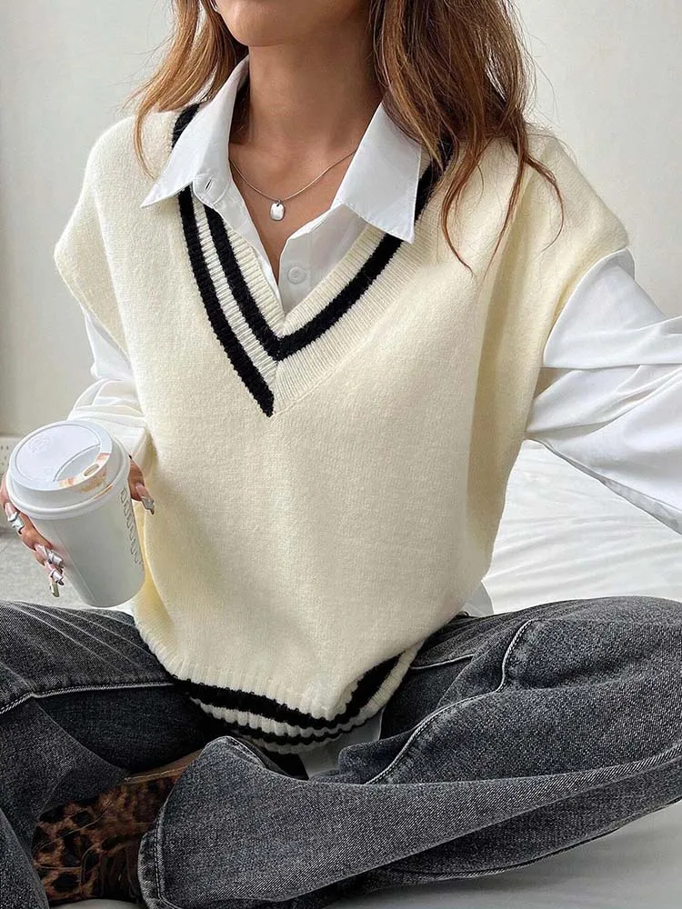 

Women's V-neck striped wool vest, fashionable and versatile, suitable for daily travel, commuting, vacation, dating, only vest.