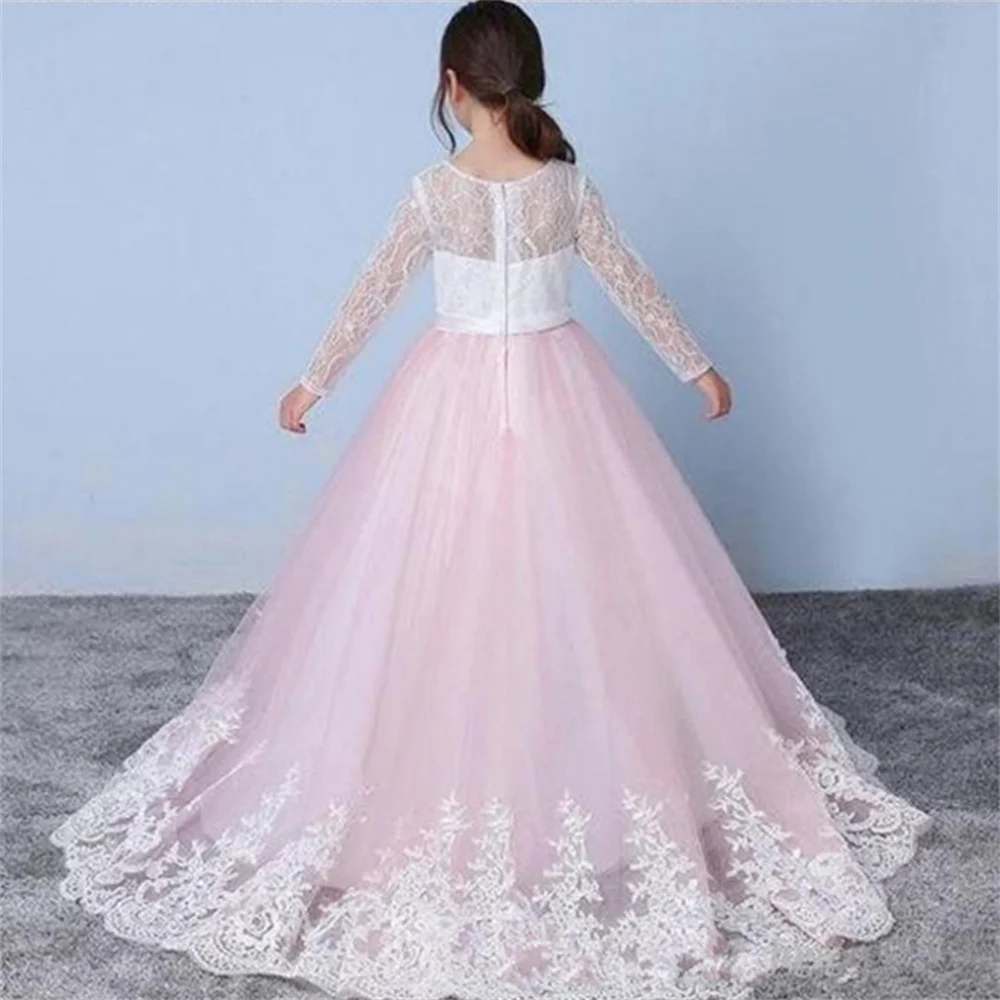 Flower Girl Dress Lace Applique Long Sleeve Jewel Hollow For Wedding Party Princess Birthday GIFT Pageant First Communion Gowns