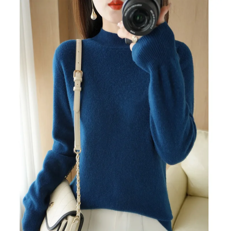 Sweater Women\'s Half-high Neck Knitted Sweater Women\'s Autumn And Winter Short Pullover Solid Color Loose Thickened Base Shirt