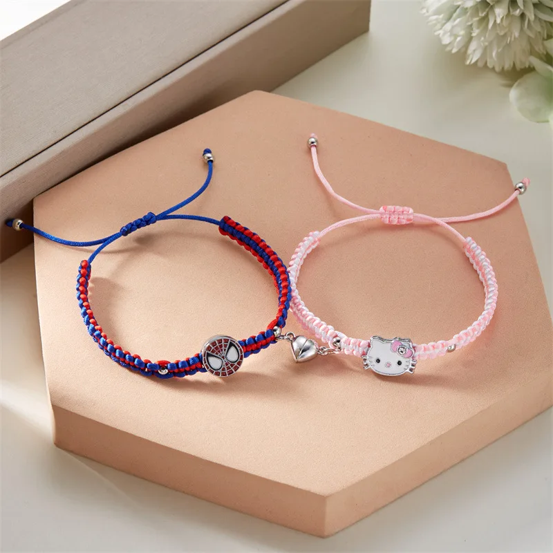 Kawaii Hello Kitty Sanrio Braided Bracelet Anime Figure Alloy Magnetic Bracelet Hand Woven Wristband Couple Style Gifts 2Pcs/Set