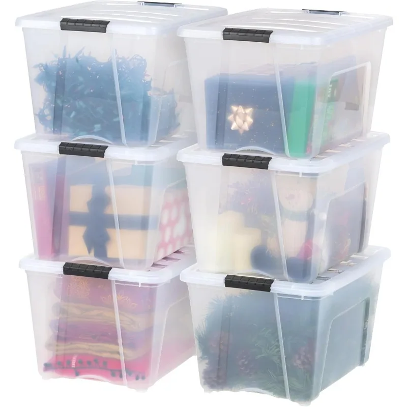 54 Quart Stackable Plastic Storage Bins with Lids and Latching Buckles, 6 Pack - Clear, Containers with Lids and Latches