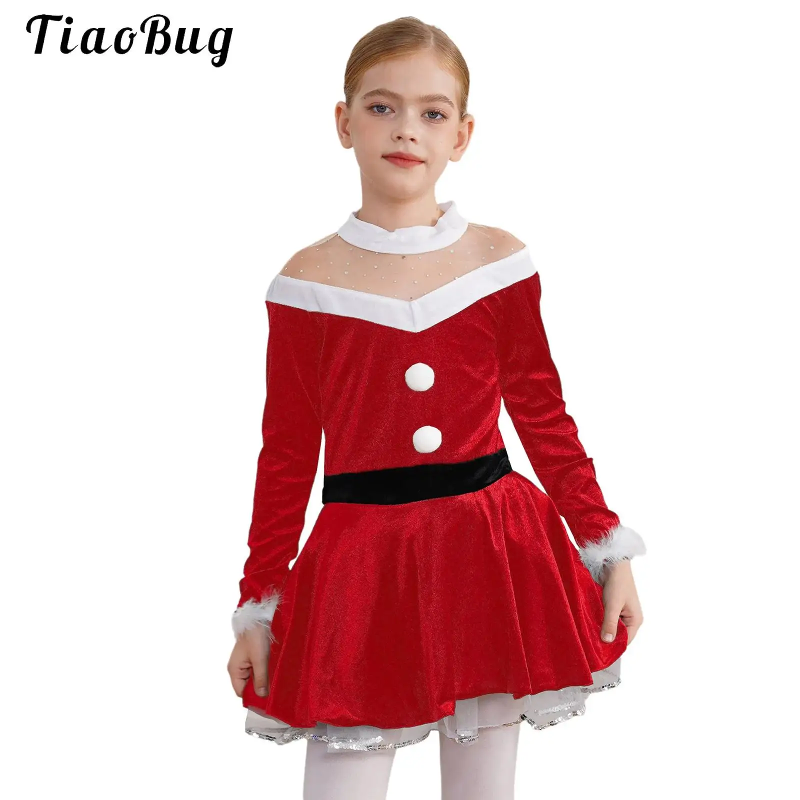 

Girls Christmas Figure Ice Skating Dance Dress Velvet Long Sleeve Leotard Tutu Ballet Dancewear Miss Santa Xmas Cosplay Costume