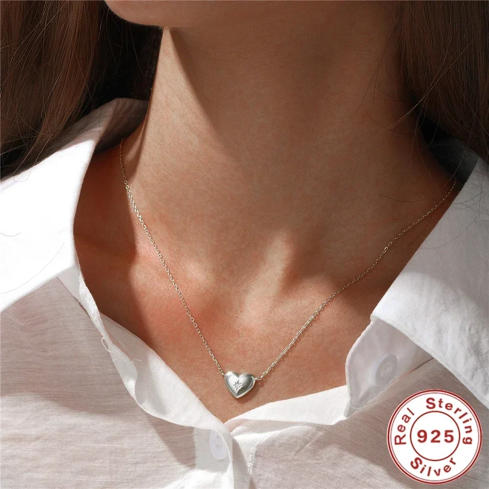 VAL 925 Sterling Silver Simple Love Heart Necklace For Women Single Zircon Necklace Collier Necklace Femme Statement Necklaces