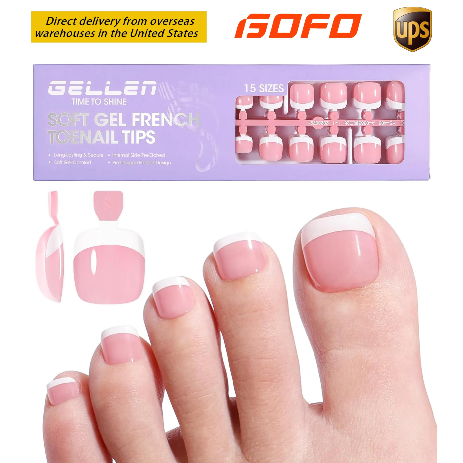 

GELLEN Fake Toe Press on Nails Stickers Kit French Tips Short Pink Chip-free Soft Gel Toe Full Cover 15 Sizes 240pcs Toenails