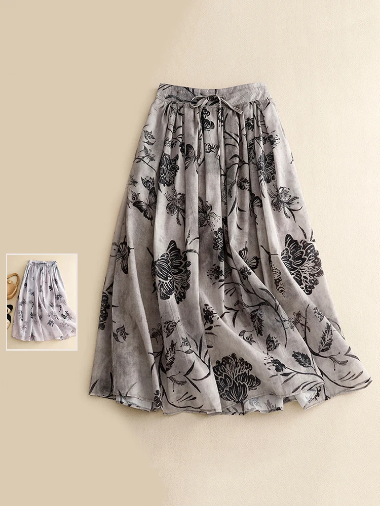 

Двухслойная юбка трапециевидной формы с хлопковой подкладкой в стиле ретро с цветочным принтом для женщин больших размеров, драпированные повседневные летние юбки с высокой талией