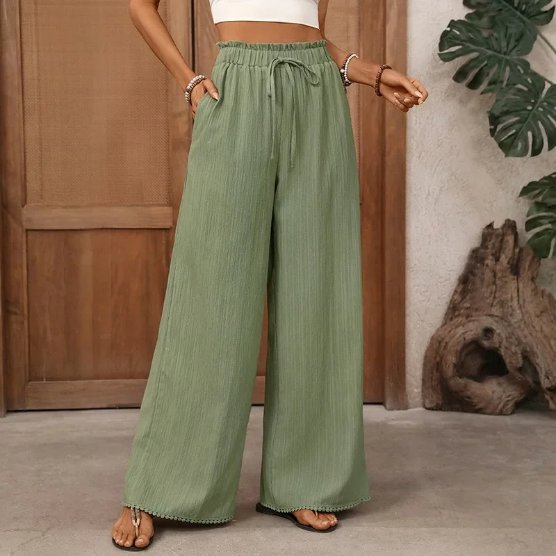 Women's Solid Color Elastic Waist Drawstring Wide Leg Pants Casual Loose Fit High Waist Trousers Daily Beach Vacation Loungewear