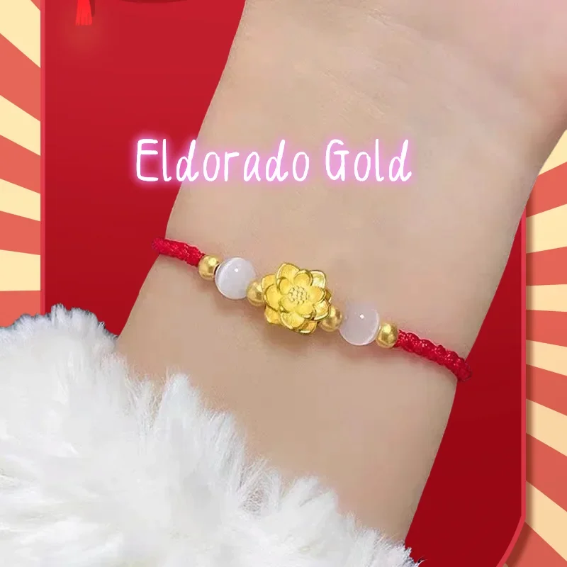 

Золотой браслет Eldorado 2025: подарок для влюбленных, высококачественное золото 9999 пробы, красный шнурок с лотосом, 24 настоящих золотых лотоса, женский, элегантный.