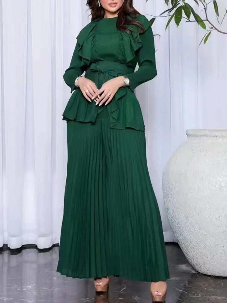 LANMREM Ruffles Pleated Two-piece Set Women's 2024 Autumn New O-neck Belt Gathered Waist Tops With Casual Wide Leg Pants 2Z2818