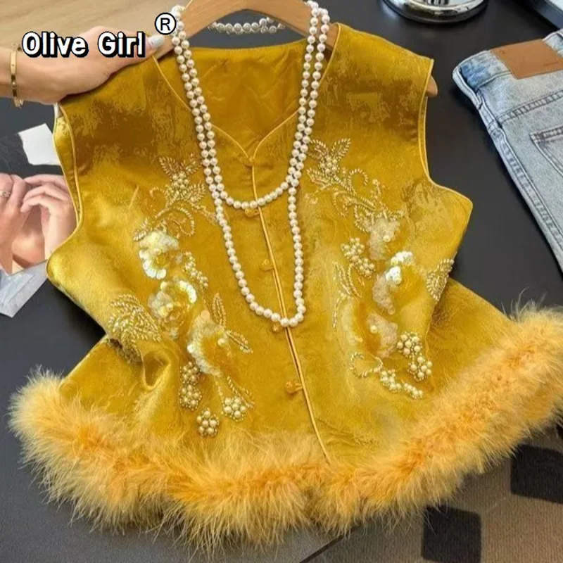 

Женский жилет Olivegirl с жаккардовой вышивкой, элитный, весна-зима-осень 2026, комбинированный, безрукавка, верхняя одежда