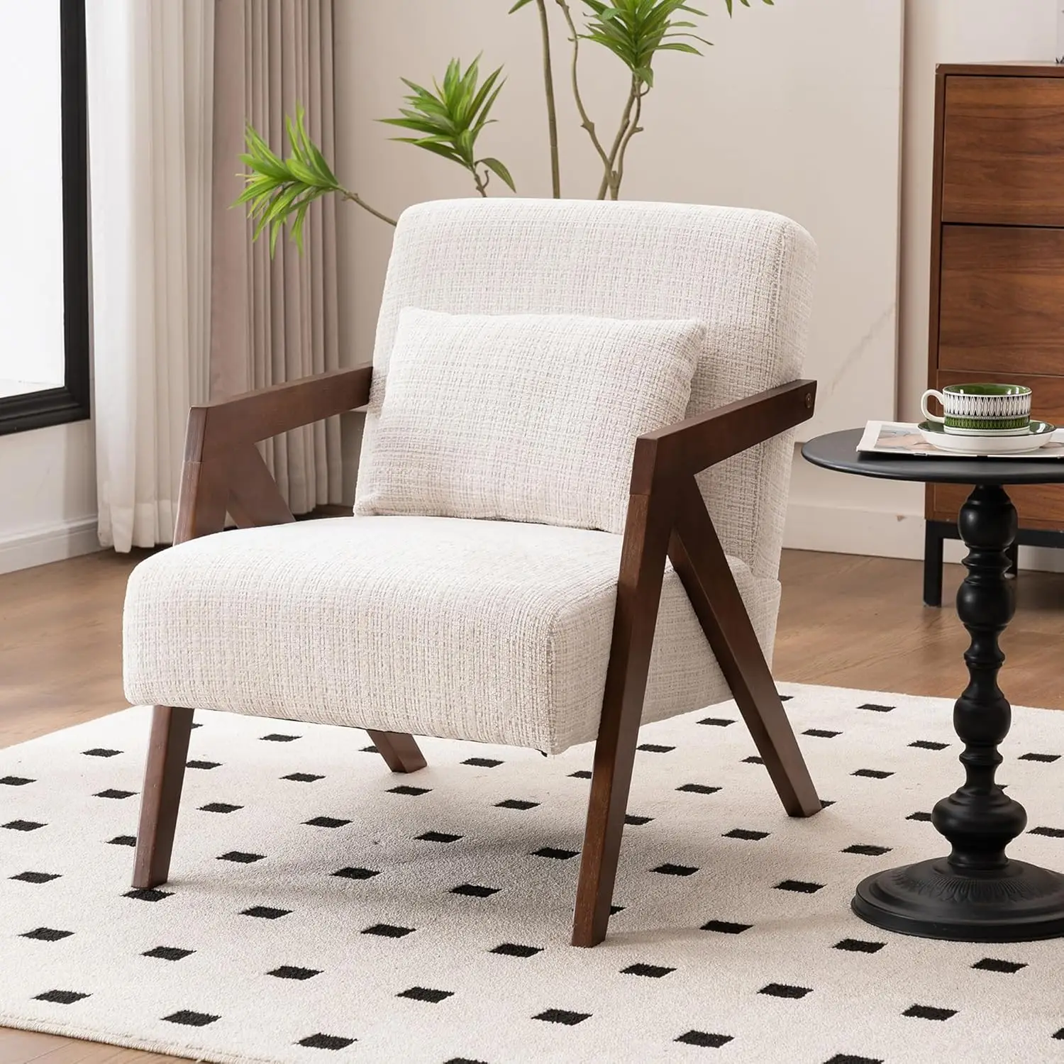 Mid-Century Accent Chair Solid Wood Frame Chenille Armchair Pillow Bedroom Living Room Balcony Beige, Customized