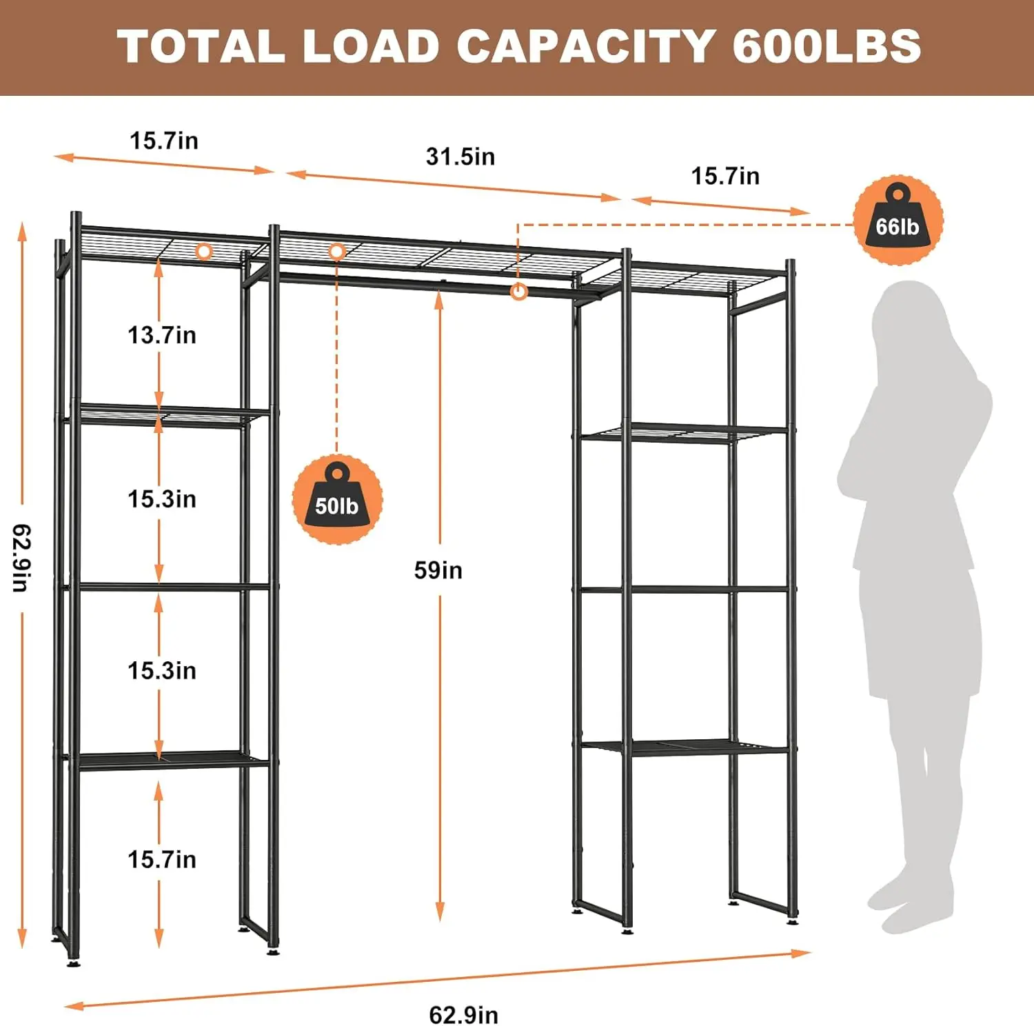 Portable Closet Wardrobe, Metal Clothing Rack with 8 Shelves & 1 Hang Rod, Free Standing Closet Rack for Hanging Clothes