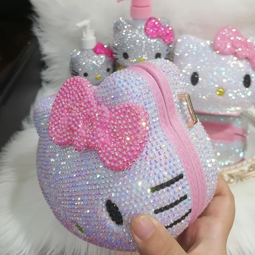 Imagem -04 - Hello Kitty Caixa de Jóias para Meninas Pedrinhas de Cristal Artesanal Anel Moeda Fone de Ouvido Organizador de Armazenamento Bolsa de Cosméticos Presente Infantil