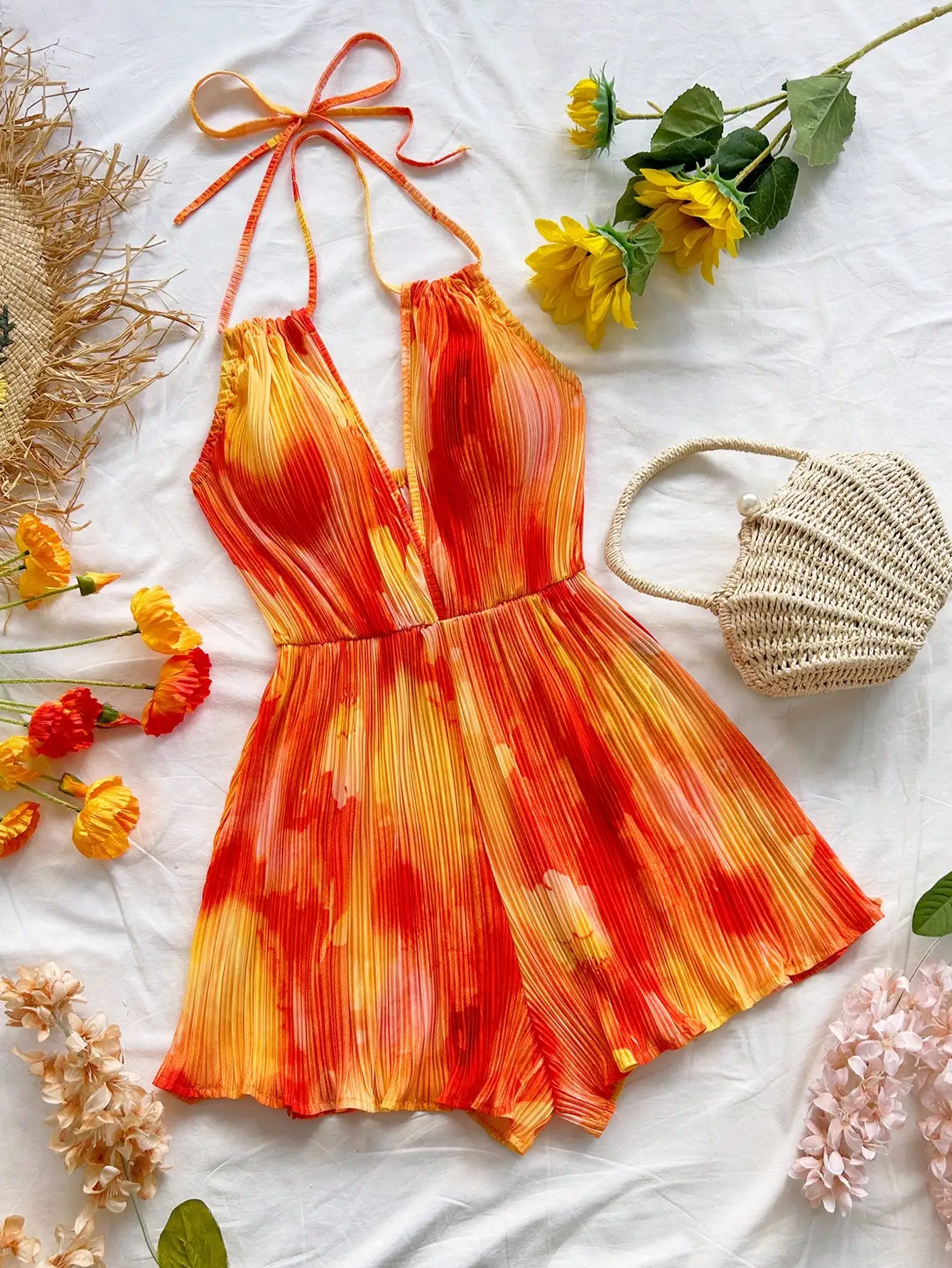 Orange Red Tie-Dye Floral Print Jumpsuit, V-Neck Backless Drawstring Waist, Boho Summer Vacation Bodysuit for Women