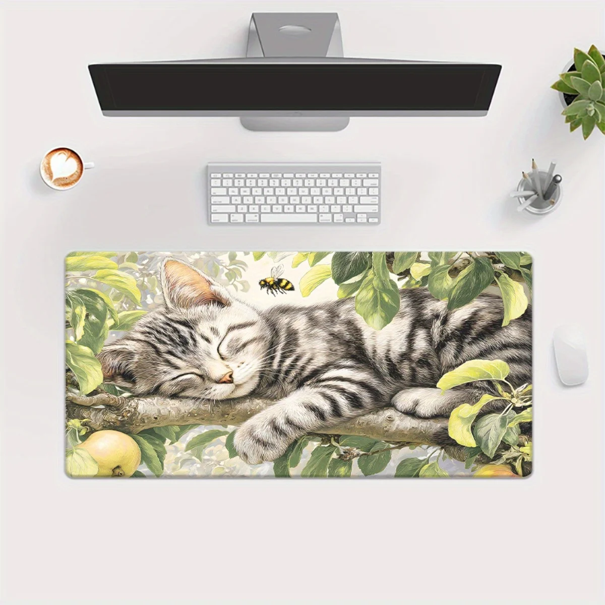 Sleeping Tabby Cat in Tree Extra Large Desk Mat Non-Slip Rubber Gaming Mouse Pad for PC Laptop Workspace
