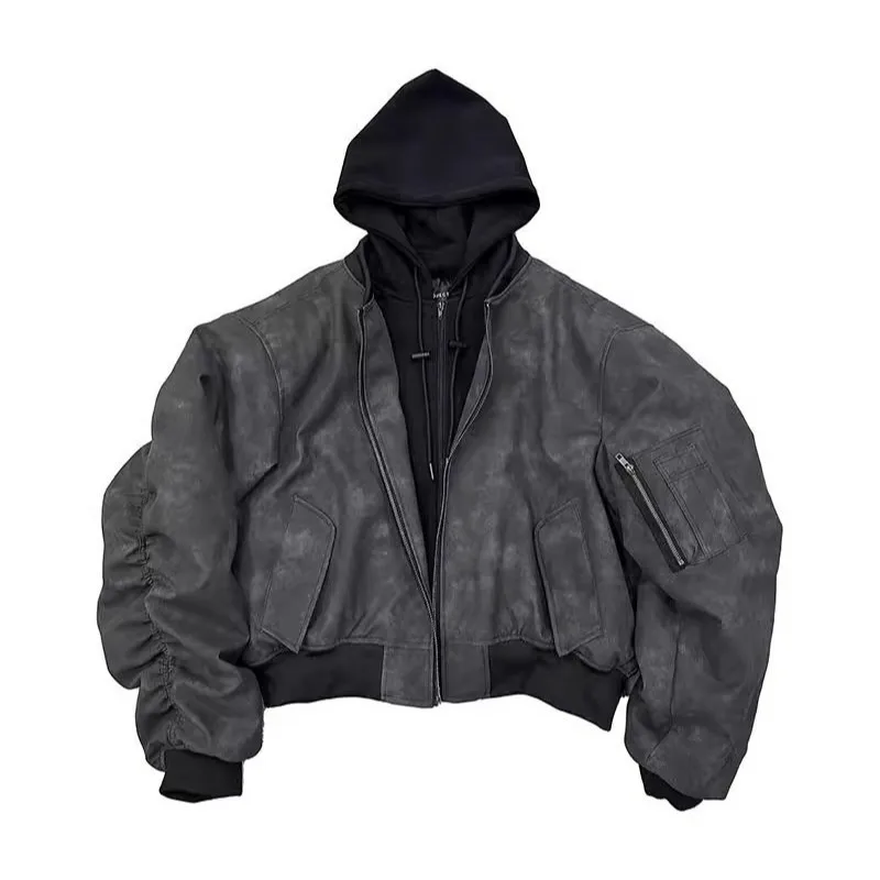 Veste Homme Printemps Automne Style Urbain Patchwork à Capuche Faux Cuir Deux Pièces Manches Longues