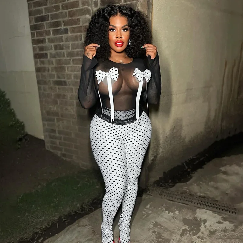 

2025 Spring Sexy Spicy Girl Mesh Sheer 2 Piece Set Women Bow Full Sleeve Slim T Shirt High Waist Dot Print Skinny Pants Clubwear