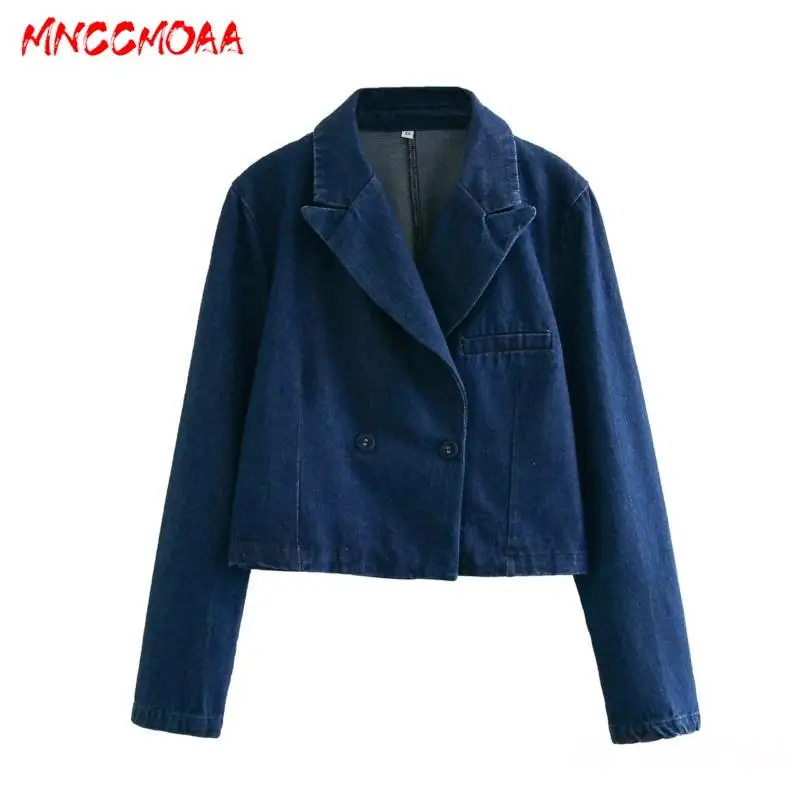 MNCCMOAA-Women\'s Double Breasted Denim Blazers, Long Sleeve Jackets, Coat, Casual Outerwear, Female Fashion, Autumn, 2024