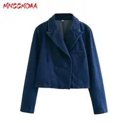 MNCCMOAA-Women's Double Breasted Denim Blazers, Long Sleeve Jackets, Coat, Casual Outerwear, Female Fashion, Autumn, 2024