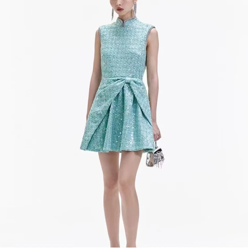 

2024 Spring New Sleeveless Dress Rhinestone Decoration Women's Dresses Short High Quality Tops Fashion Slim y2k