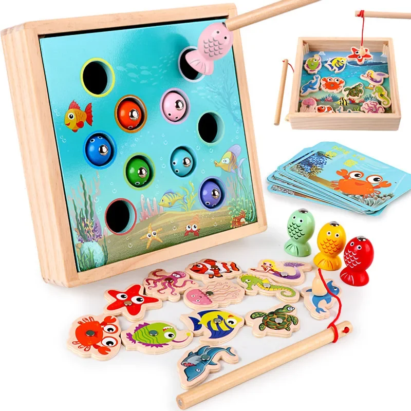 Wooden Magnetic Fishing Games Baby Early Education Puzzle Scratching Toys 3D Fish Brain Development Montessori Teaching Aids