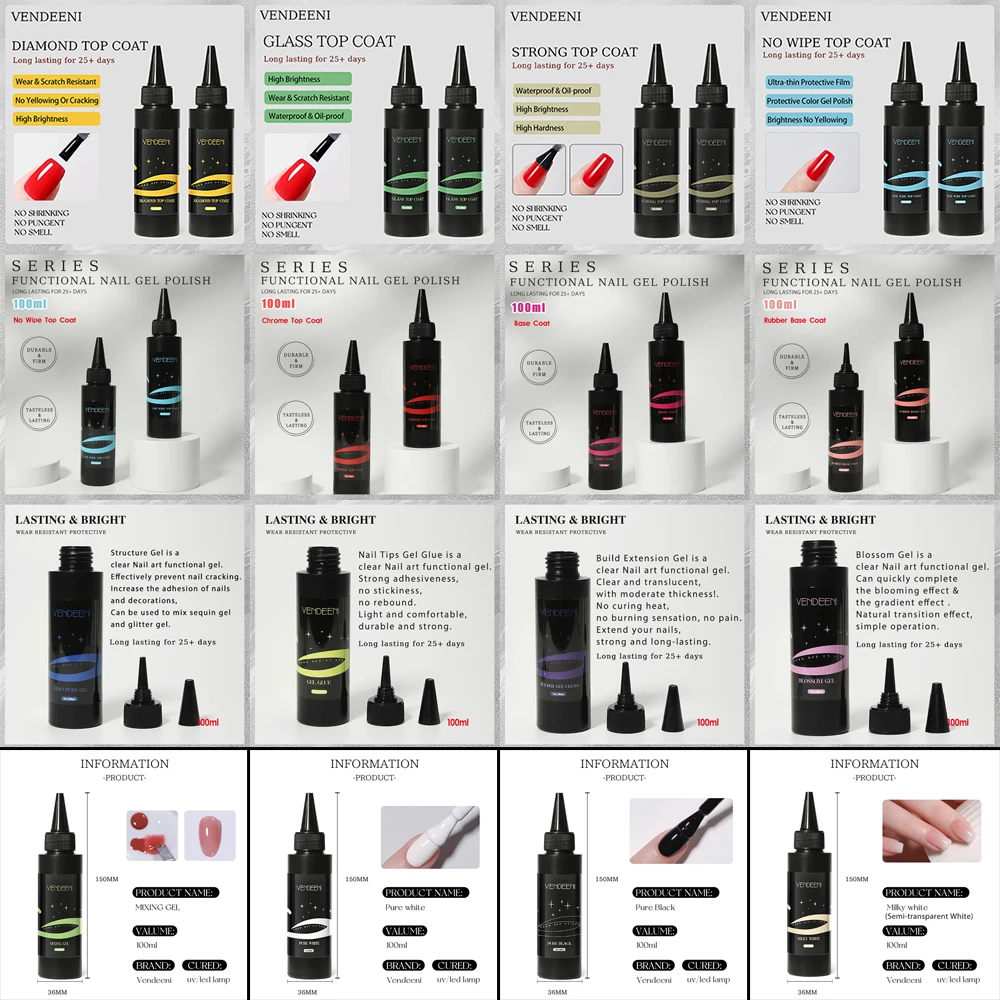 Vendeeni Large Capacity Functional Top/Base Coat Gel Chrome Build Extension Gel Nail Polish Black White Varnish TPO/HEMA FREE
