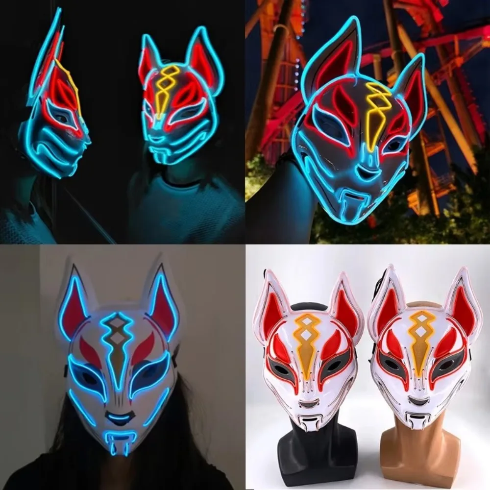 PVC Japanese Fox Mask LED Neon Light Mask Halloween Costume Mask Luminous LED Mask Dance Party Props Reusable Full Face Decorate