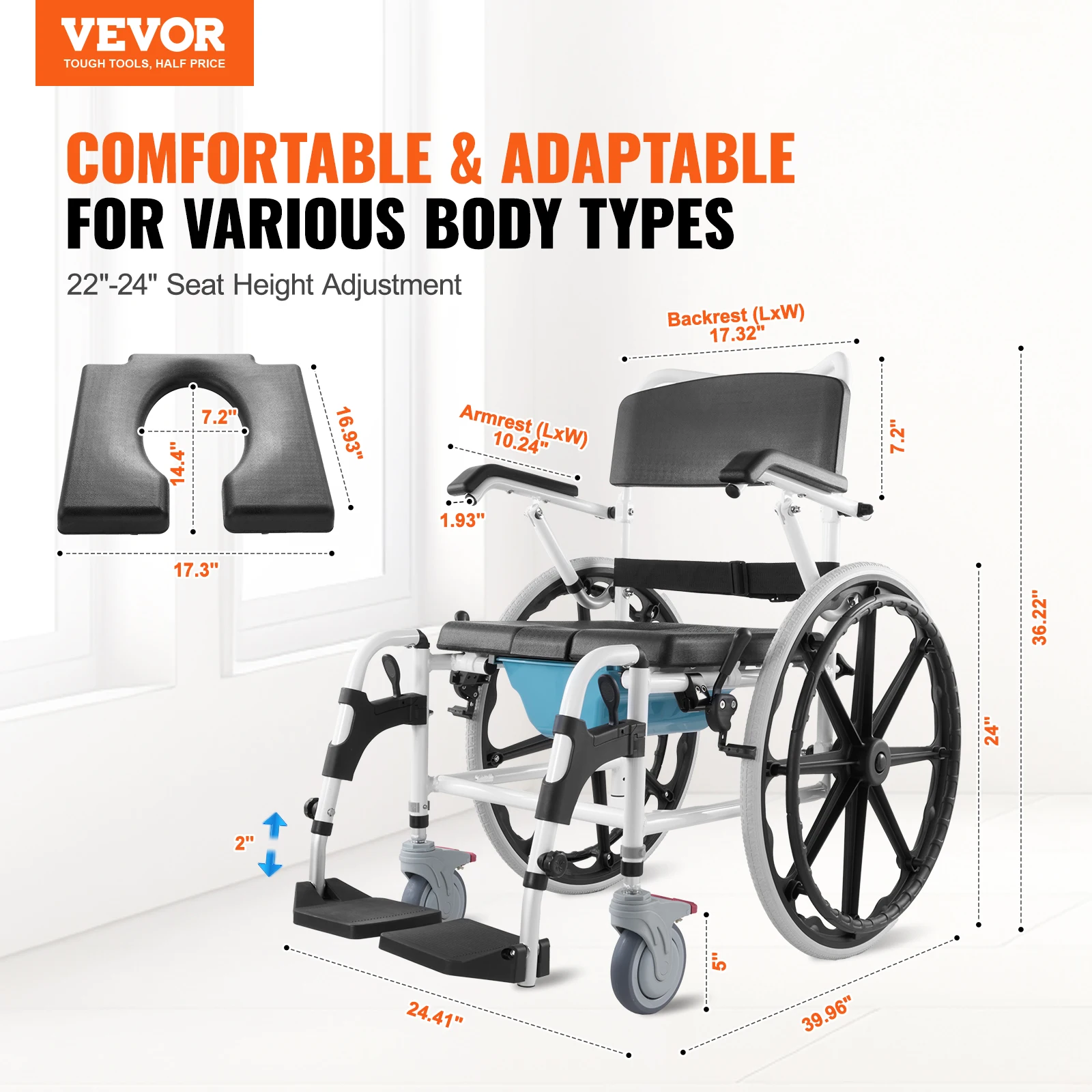 VEVOR Shower Wheelchair 17.5in Bathroom Wheelchair for Inside Shower Adjustable Rolling Shower Chair for Disabled Adult 300 lbs