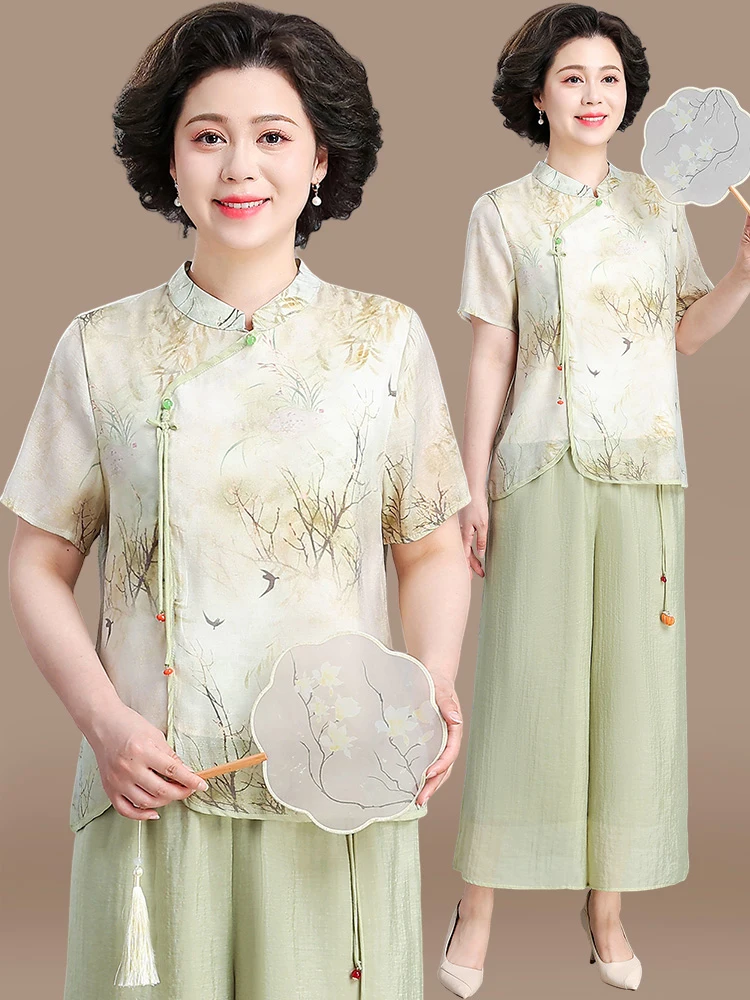 

Новый китайский летний комплект из хлопка и льна: топ с коротким рукавом и брюки для женщин среднего и старшего возраста, в этническом стиле, свободного кроя.