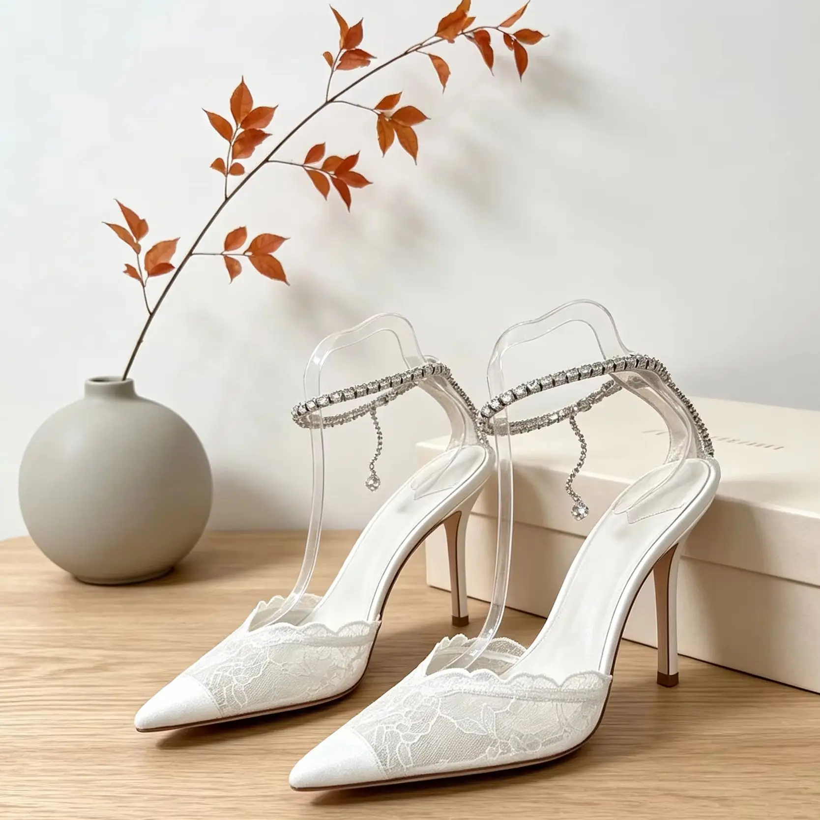 Women's White Lace Pointed Toe Stiletto Heels Pumps Crystal Ankle Strap Romantic Elegant Wedding Bridal Parties Lady Dress Shoes