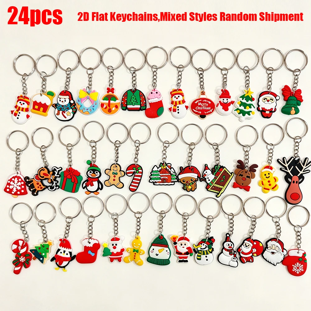 24 Pcs Christmas Keychain Set, 2D Flat Soft PVC Festive Charms, Party Gift Backpack Pendant, All Styles Shown Are Included