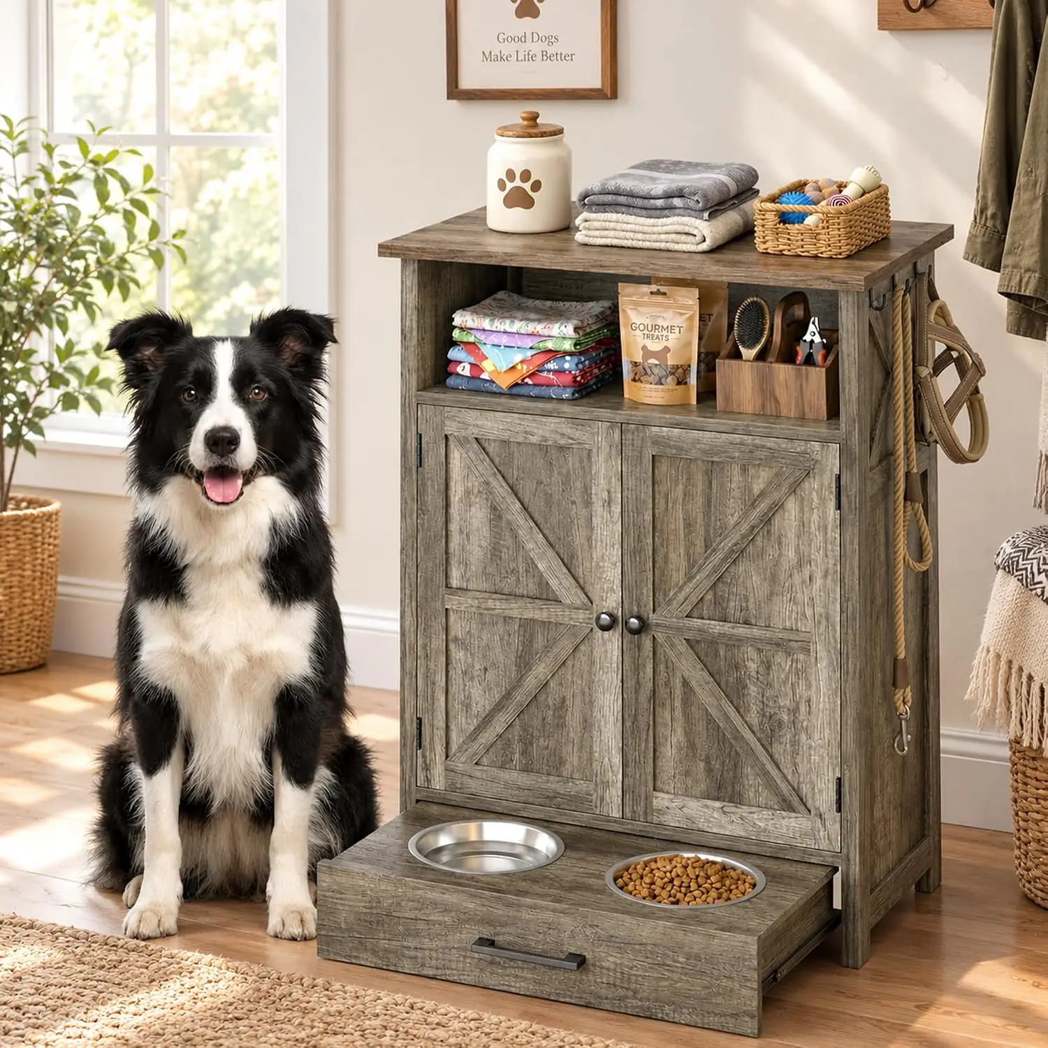 Dog Feeding Station with Storage Cabinet & Elevated Bowls, Grey